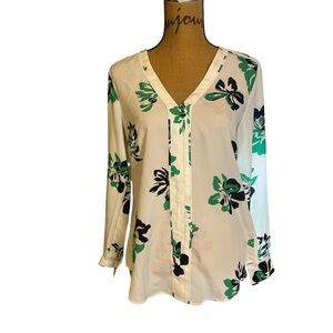 Banana Republic Floral V-Neck Blouse - Green and Black on White